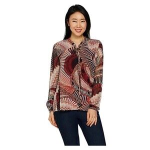 Susan GraverBrown Red Button Front Tie Neck Sheer Long sleeve Top Size 14